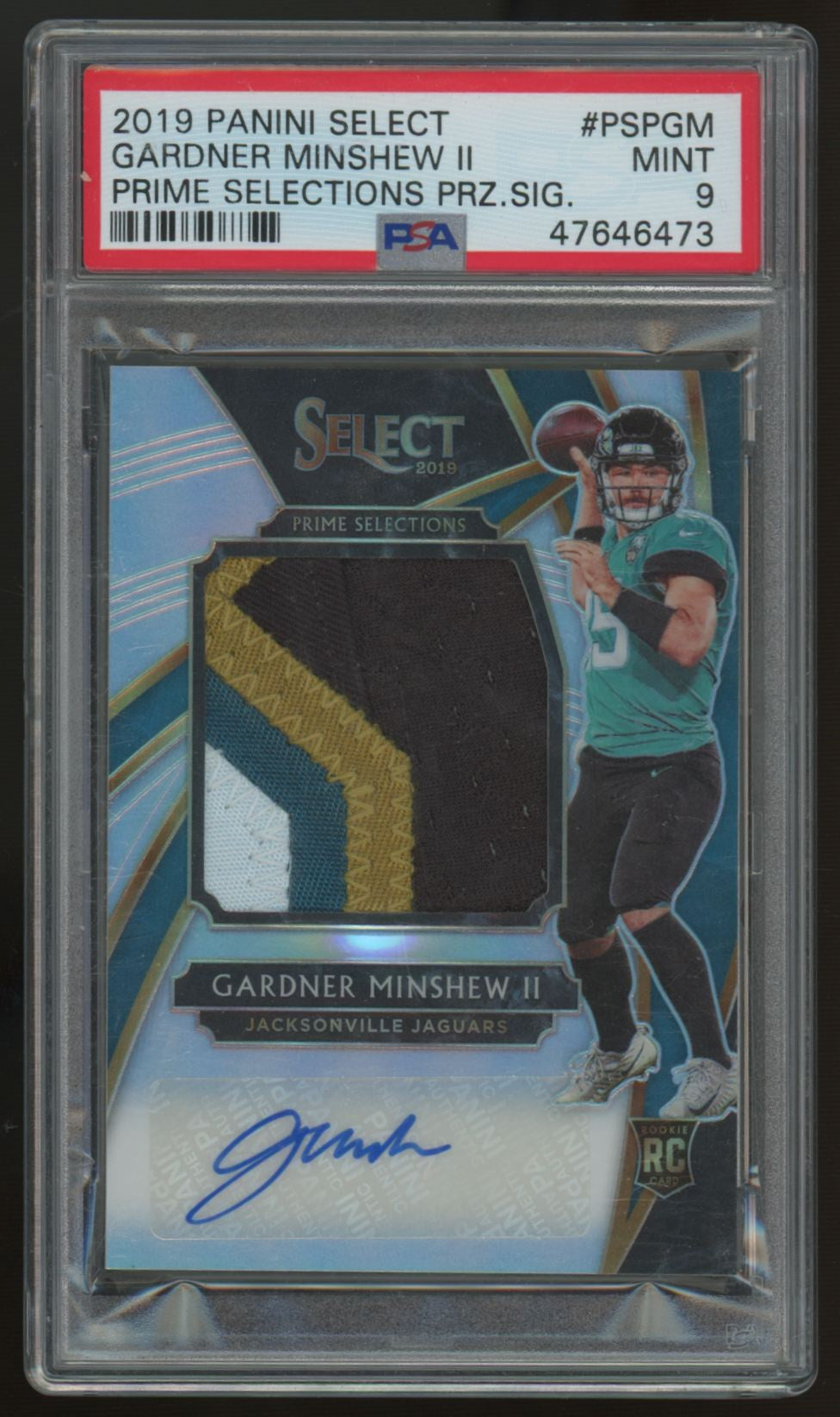 2019 Select Gardner Minshew RC Prime Selections Prizm Patch Auto RPA /49 PSA 9