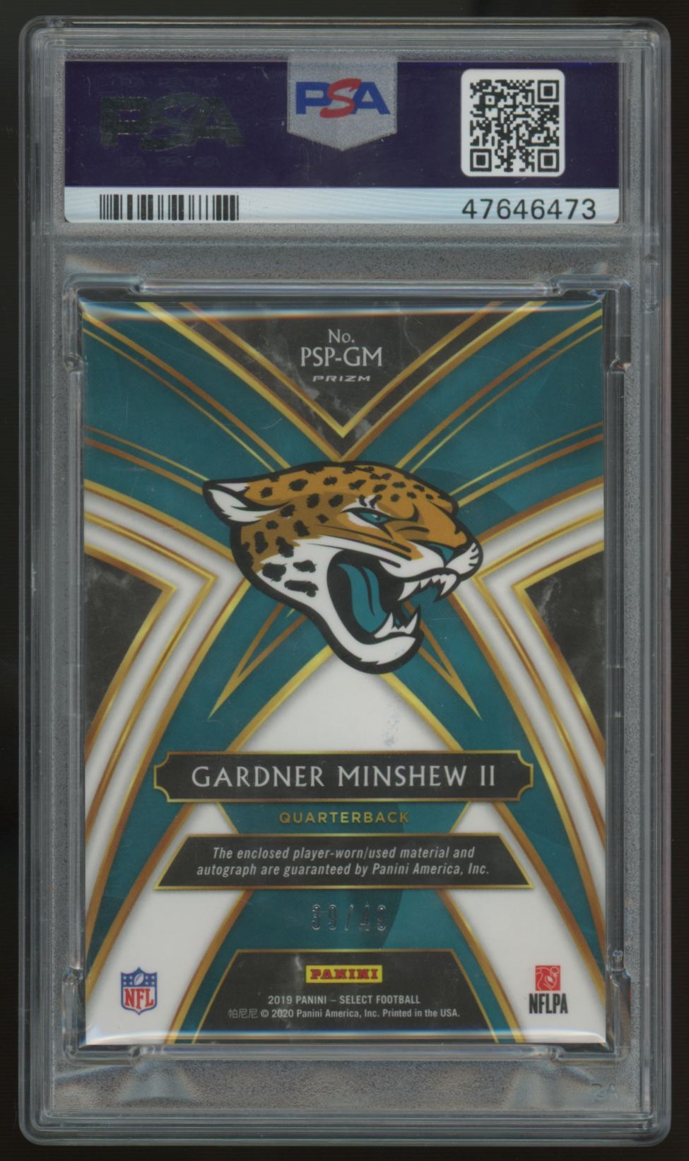 2019 Select Gardner Minshew RC Prime Selections Prizm Patch Auto RPA /49 PSA 9