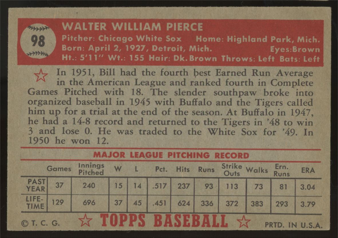 1952 Topps Bill Pierce #98 EX "A"