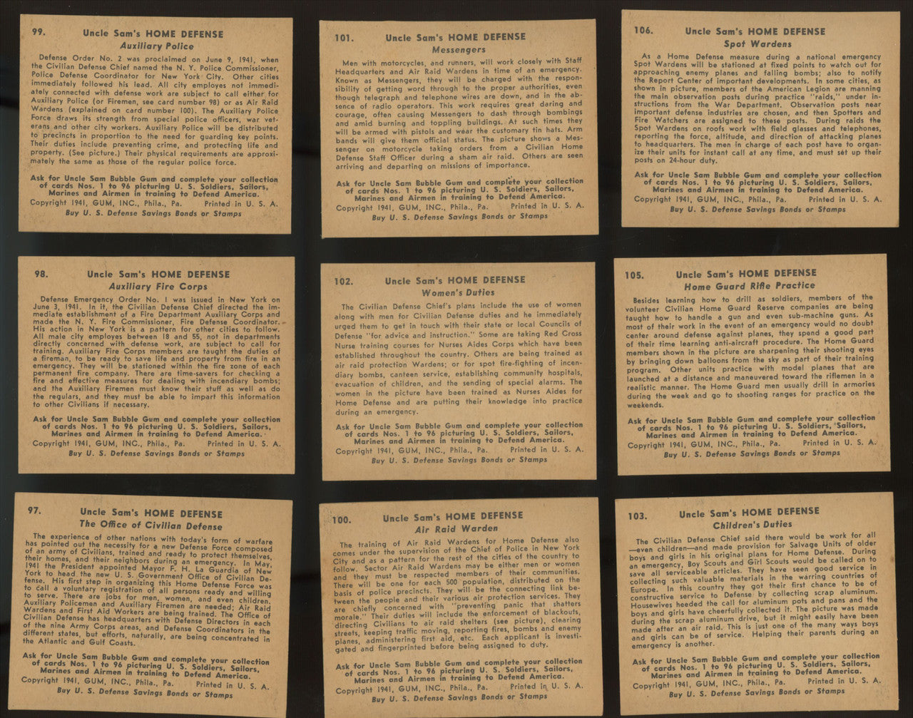 1941 Gum Inc Uncle Sam's Home Defense Partial Set 23/48 EX-EX/MT
