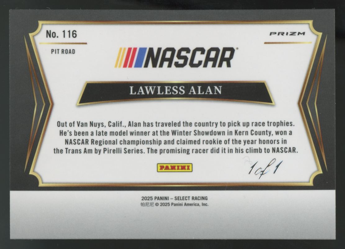 2025 Panini Select Racing Lawless Alan Black Finite Prizm 1/1 #116