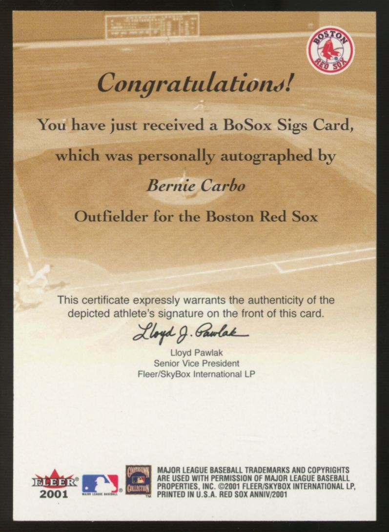 2001 Fleer Red Sox 100th Bernie Carbo BoSox Sigs Auto