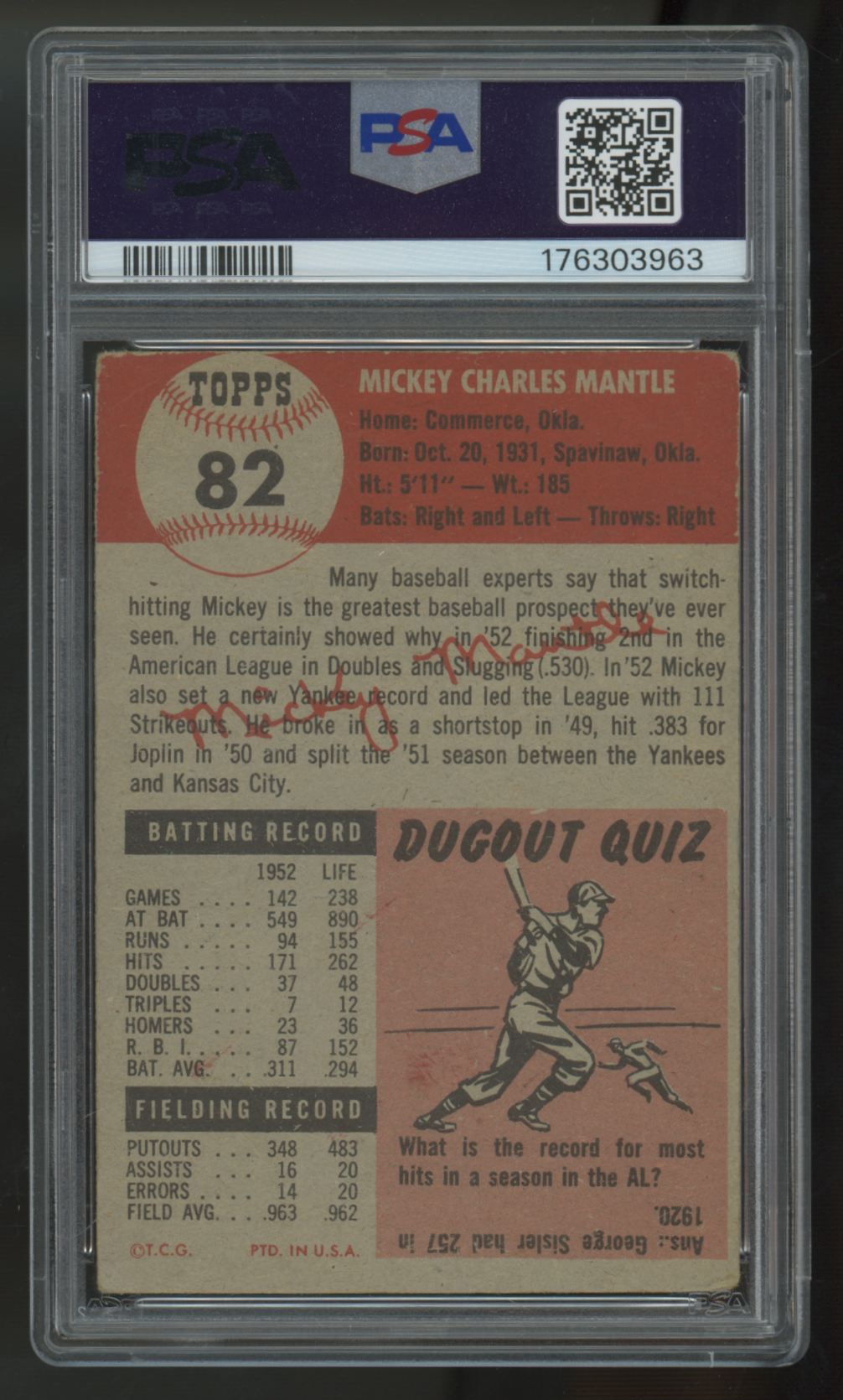 1953 Topps Mickey Mantle #82 PSA 2