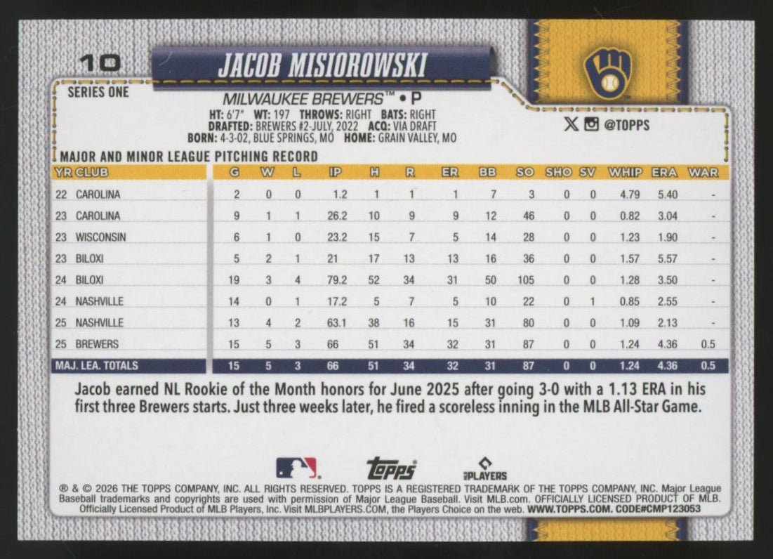 2026 Topps Series One Jacob Misiorowski RC Pink Holo Foil #10
