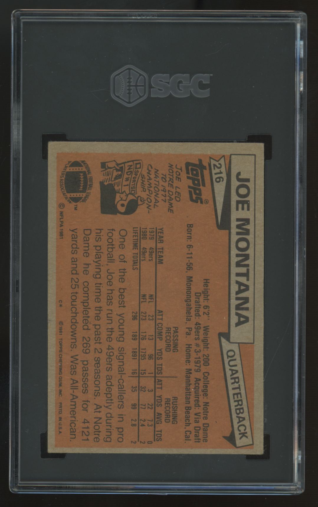 1981 Topps Joe Montana RC #216 SGC 5 *398