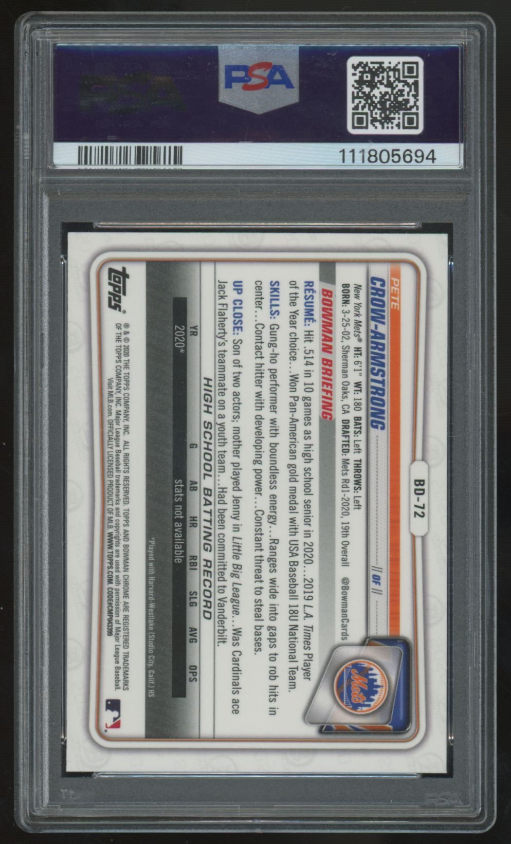 2020 Bowman Draft Sapphire Pete Crow-Armstrong 1st Chrome #BD-72 PSA 10