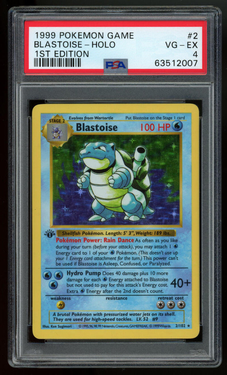 1999 Pokemon Base Set 1st Edition Shadowless Holo Blastoise #2 PSA 4 VG-EX