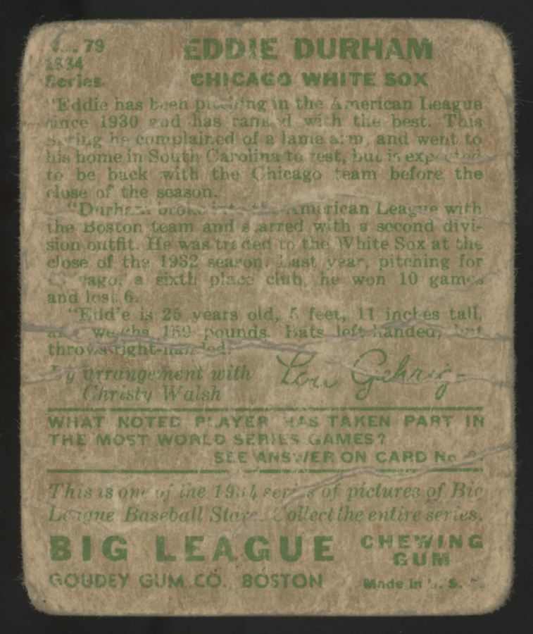 1934 Goudey Eddie Durham Big League Gum #79 Poor