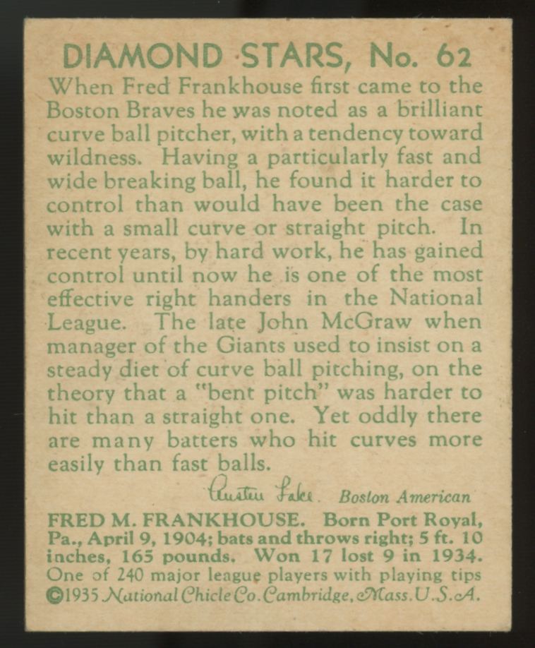 1935 National Chicle Fred M. Frankhouse Diamond Stars #62 EX-MT