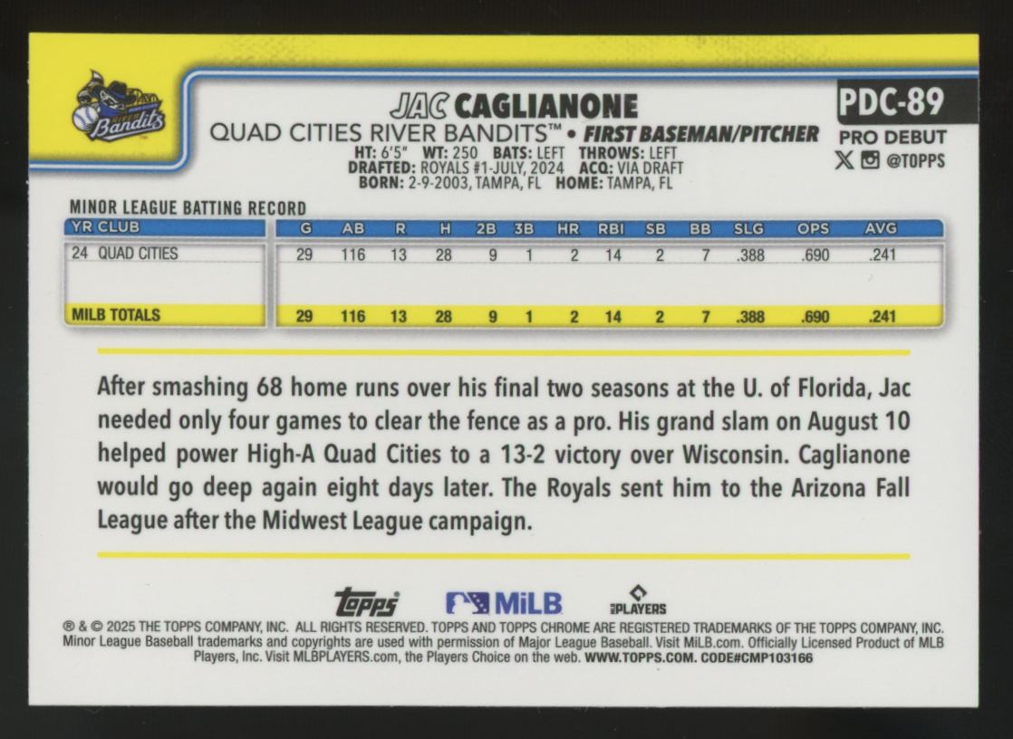 2025 Topps Pro Debut Jac Caglianone Chrome Aqua Refractor /75 #PDC-89