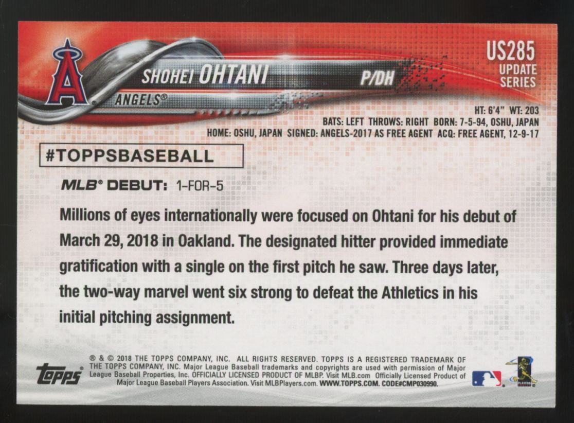 2018 Topps Update Shohei Ohtani RC Debut #US285 "C"
