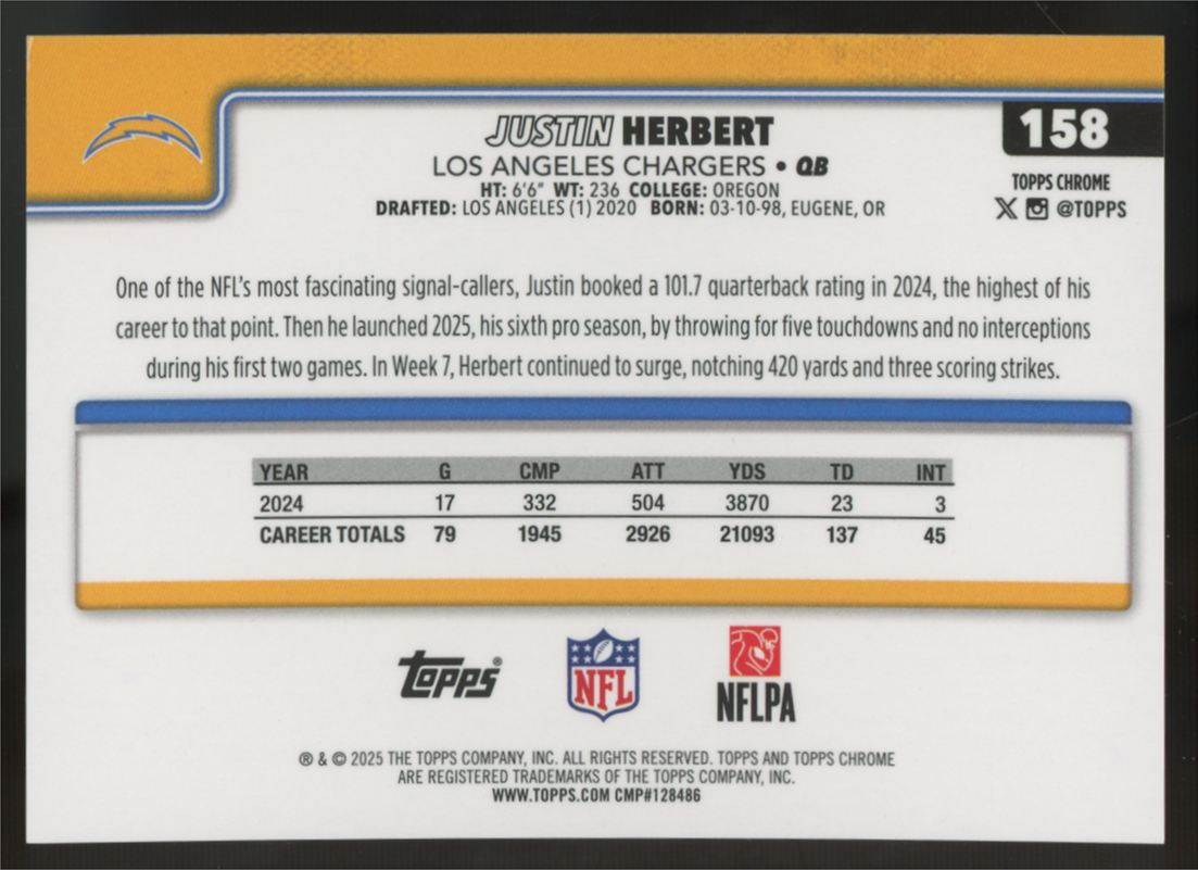 2025 Topps Chrome Sapphire Justin Herbert Image Variation SSP #158