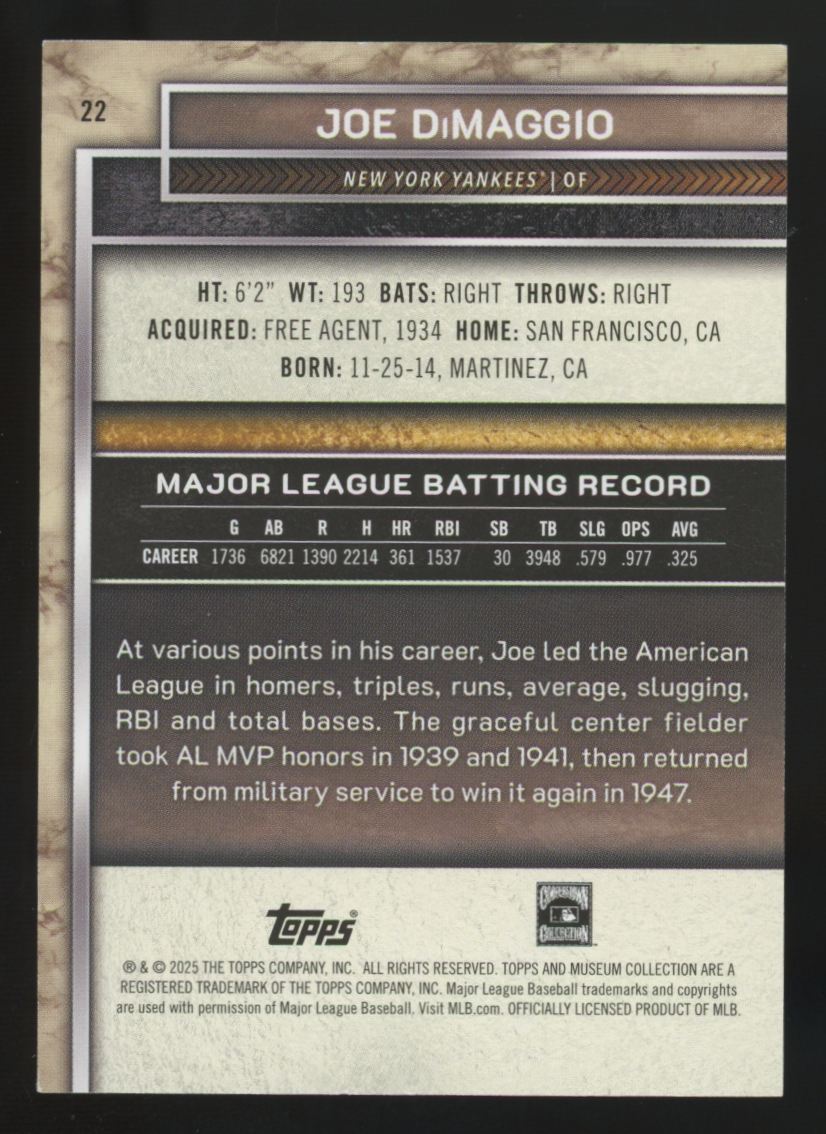 2025 Topps Museum Collection Joe DiMaggio Blue Topaz /25 #22