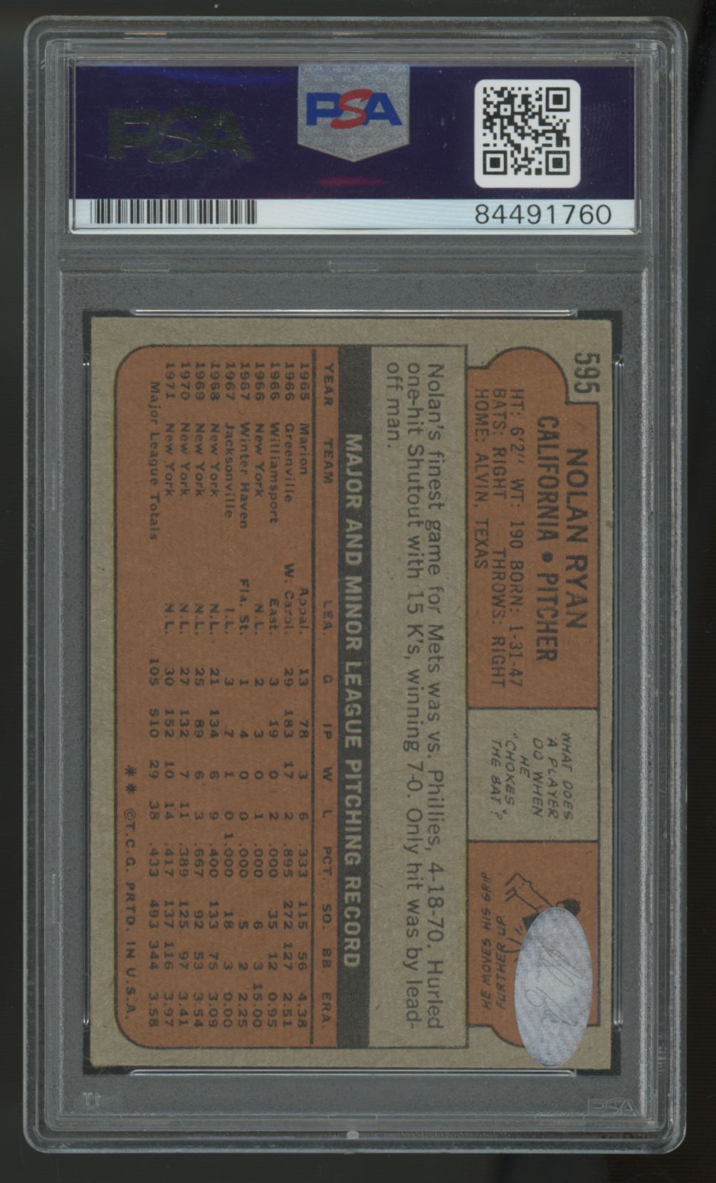 1972 Topps Nolan Ryan Signed IP Auto #595 PSA Auto 10