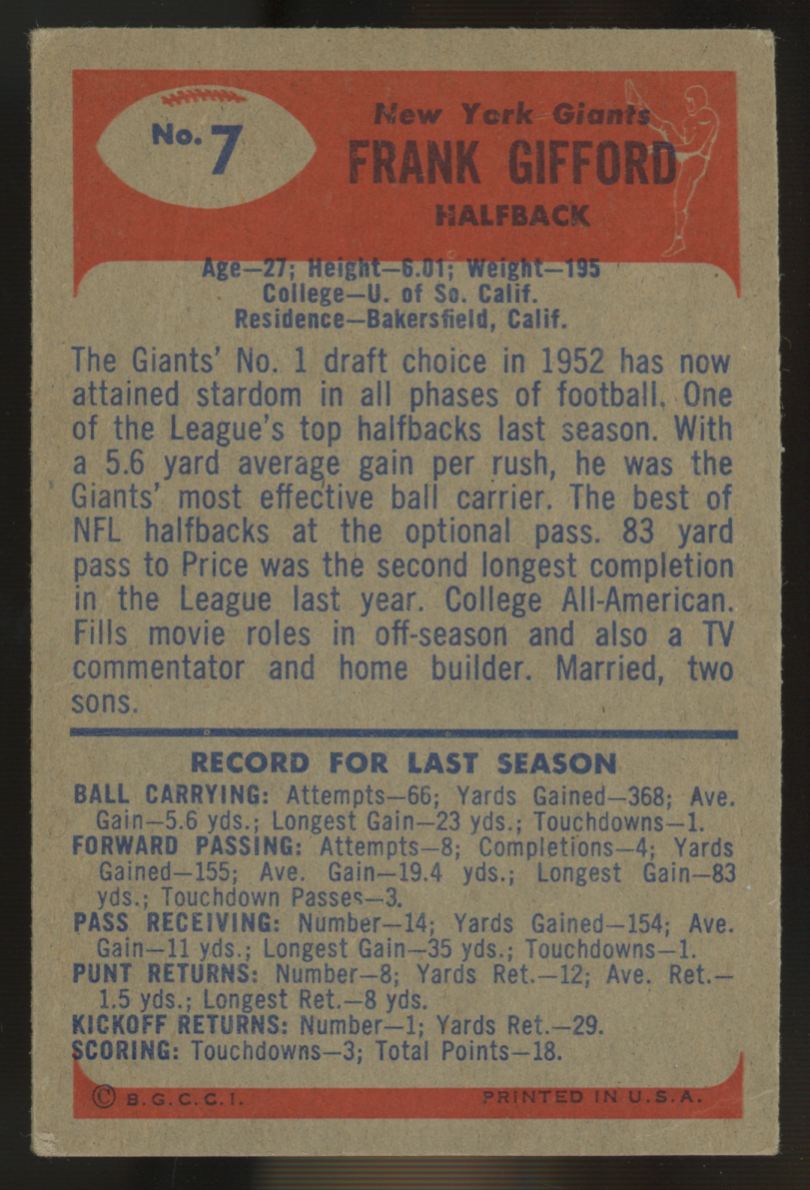 1955 Bowman Frank Gifford #7 VG/EX "A"