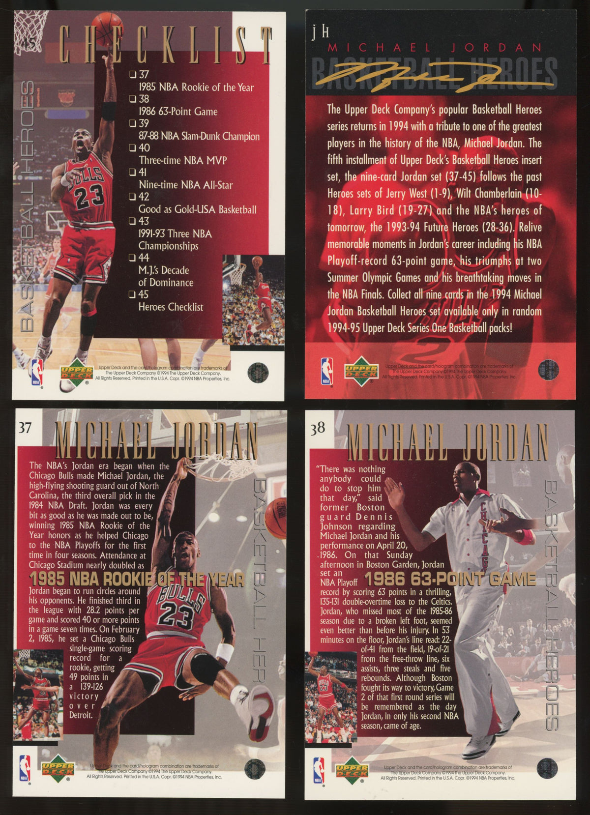 1994-95 Upper Deck Basketball Heroes Michael Jordan Complete Set (10/10) NM "A"