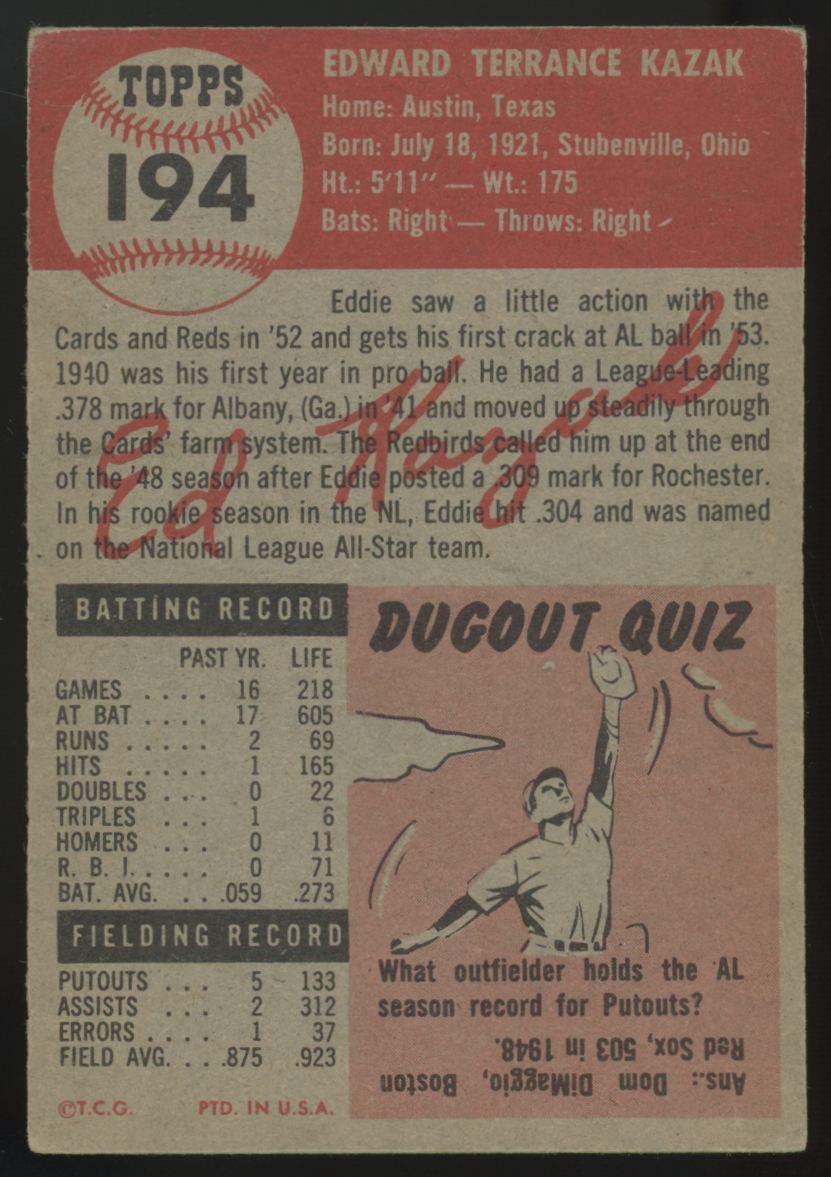 1953 Topps Eddie Kazak #194 VG-EX