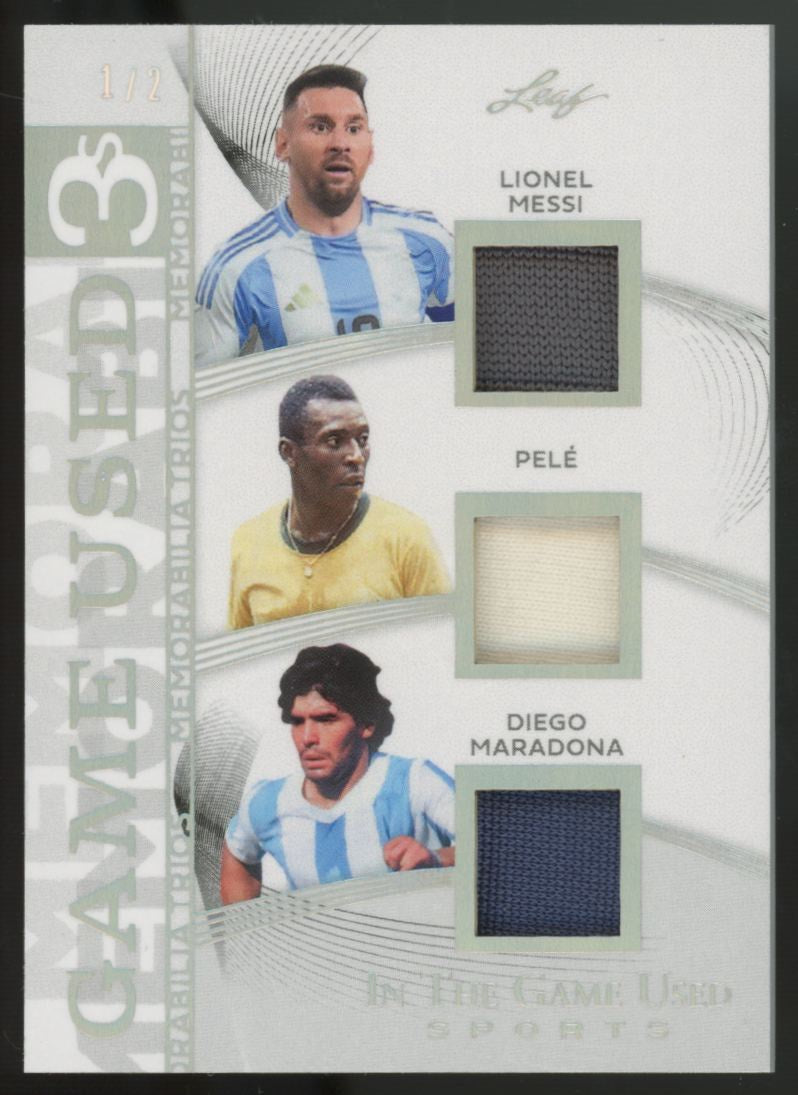 2025 Leaf Lionel Messi, Pele, Diego Maradona Memorabilia Trios Triple Patch /2
