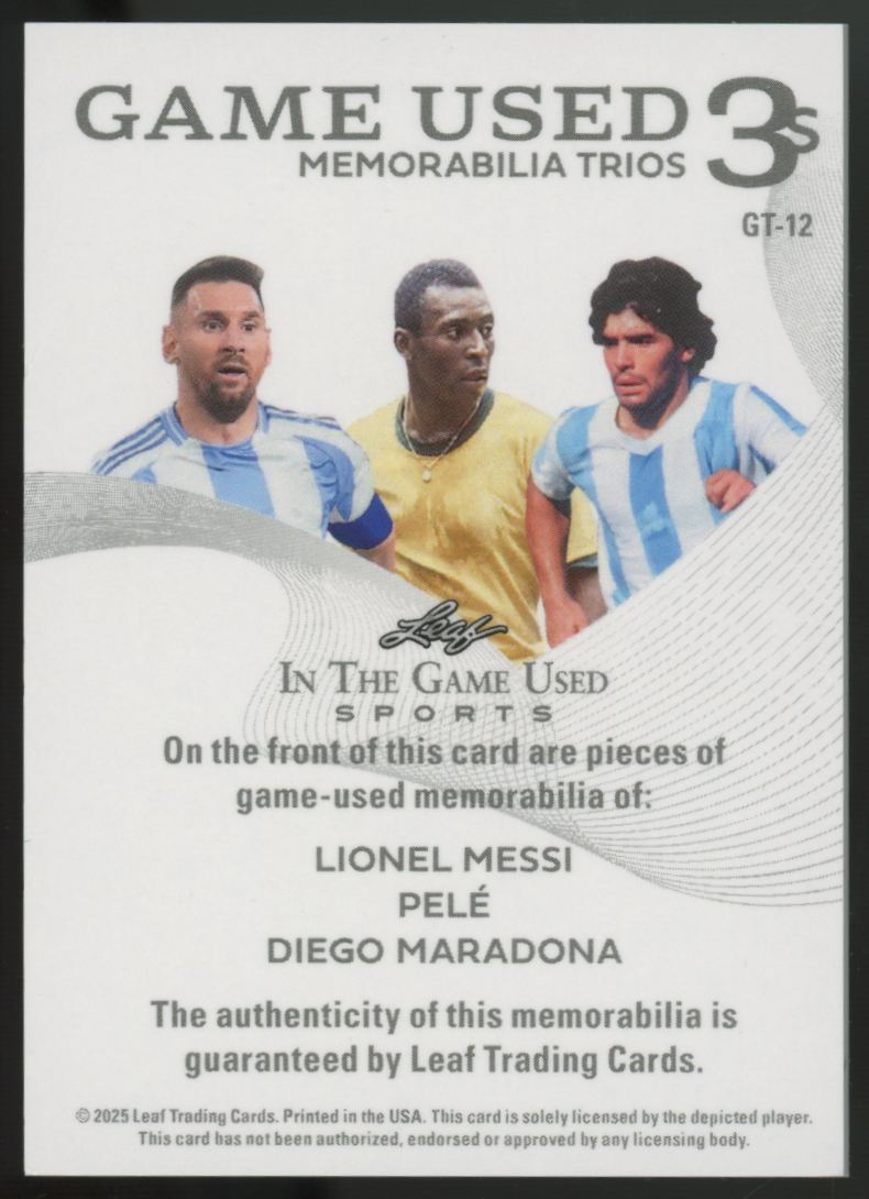 2025 Leaf Lionel Messi, Pele, Diego Maradona Memorabilia Trios Triple Patch /2