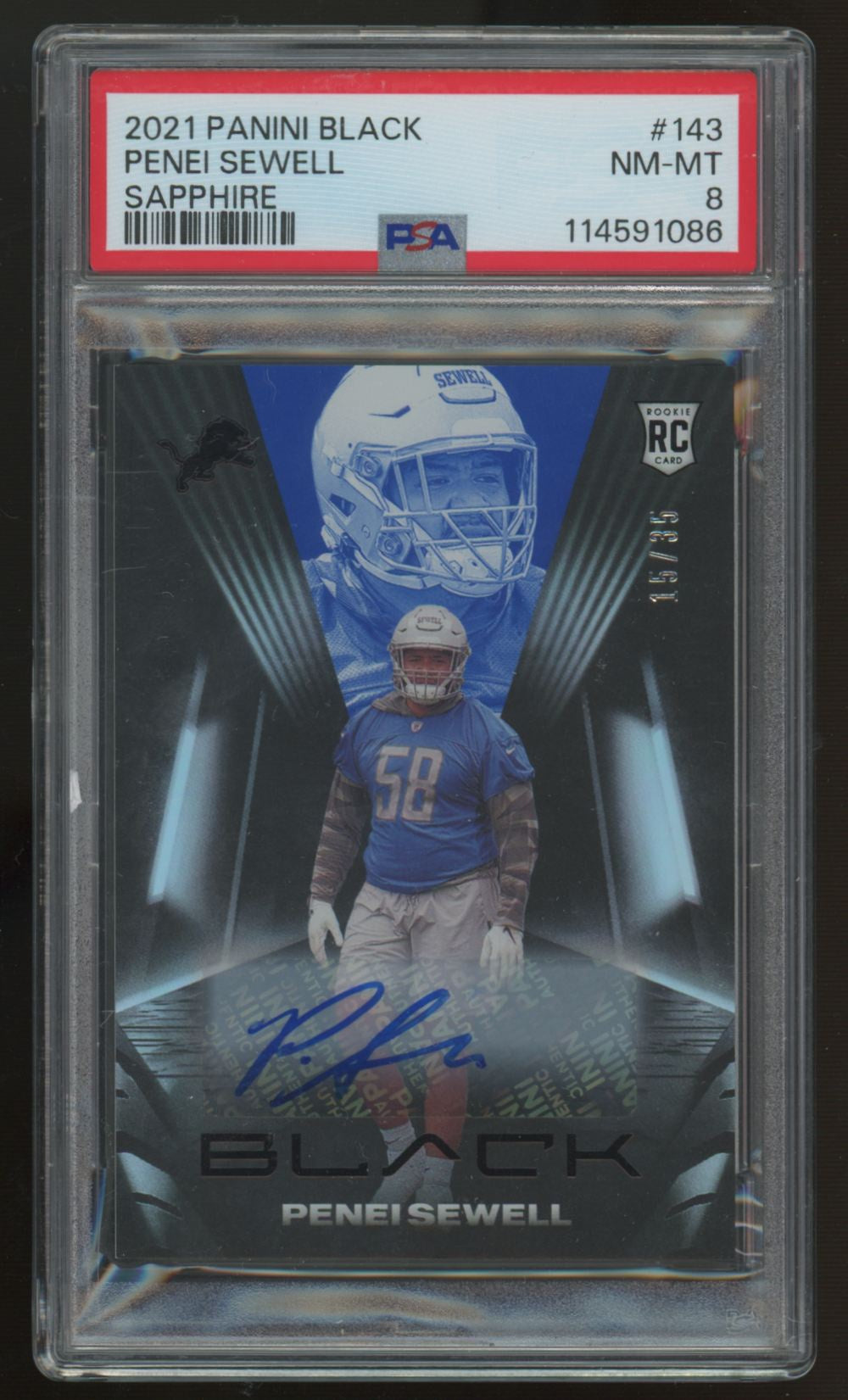 2021 Black Penei Sewell RC Sapphire Auto /35 #143 PSA 8