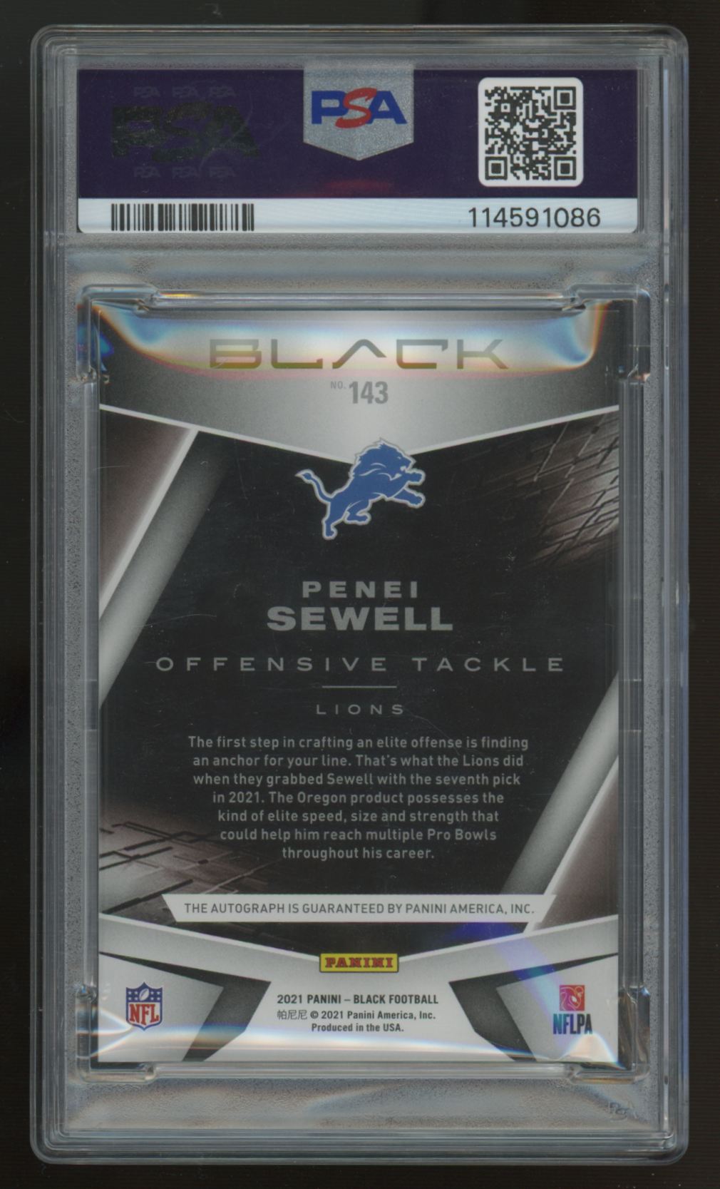 2021 Black Penei Sewell RC Sapphire Auto /35 #143 PSA 8