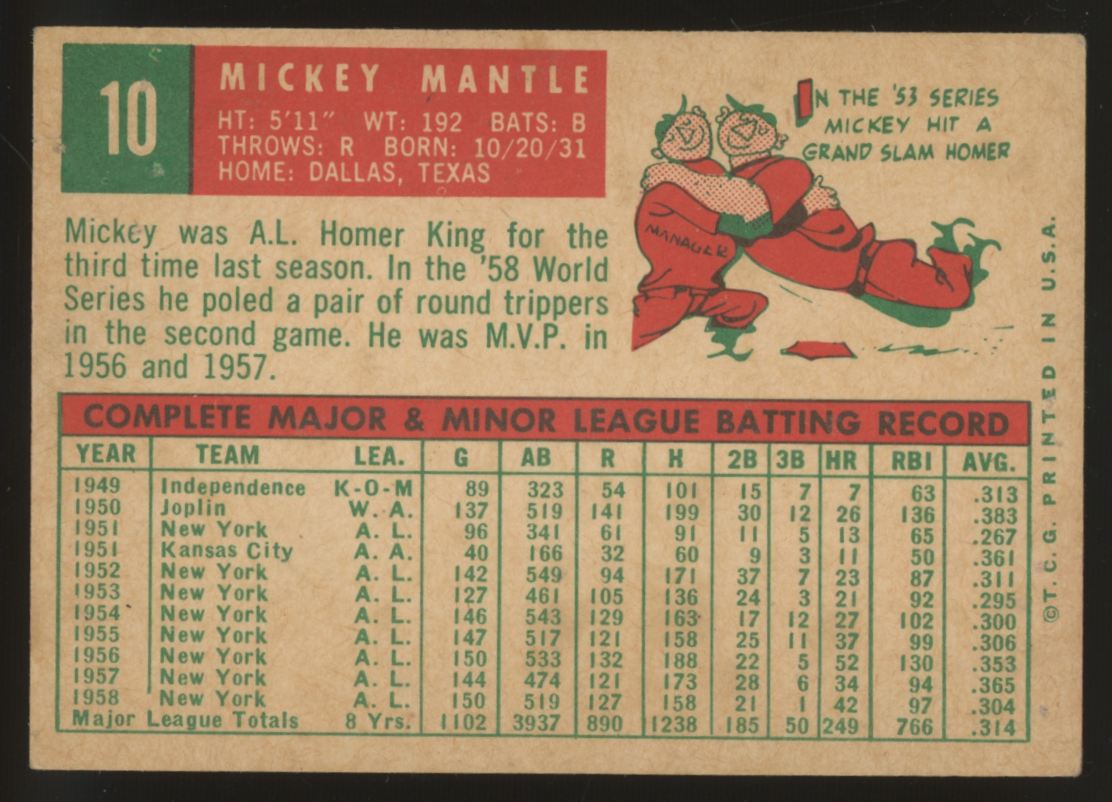 1959 Topps Mickey Mantle #10 Poor "C"