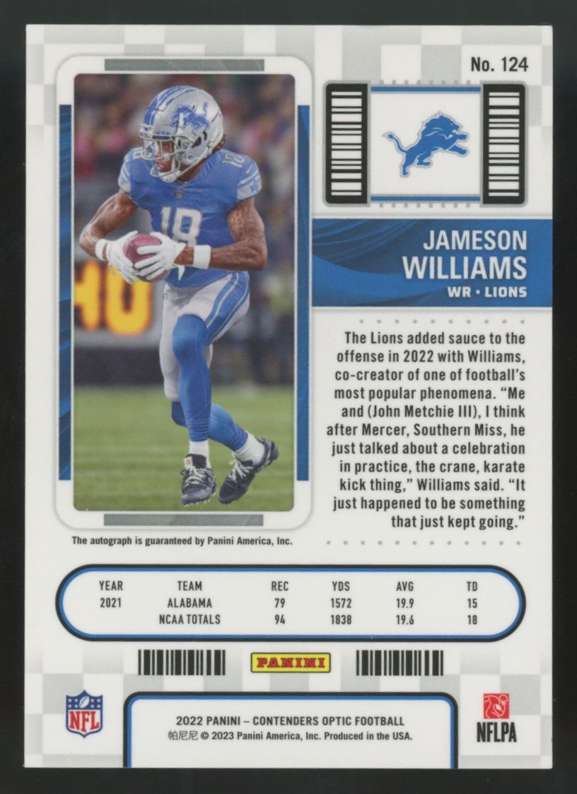 2022 Panini Contenders Optic Jameson Williams RC Rookie Ticket Auto #124