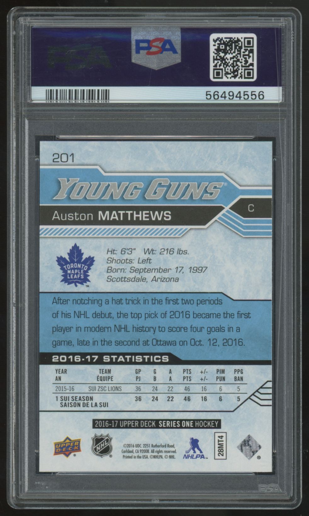 2016-17 Upper Deck Series One Auston Matthews RC Young Guns #201 PSA 10