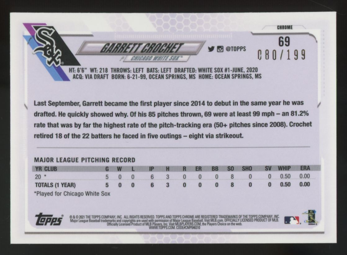 2021 Topps Chrome Garrett Crochet RC Aqua Refractor /199 #69