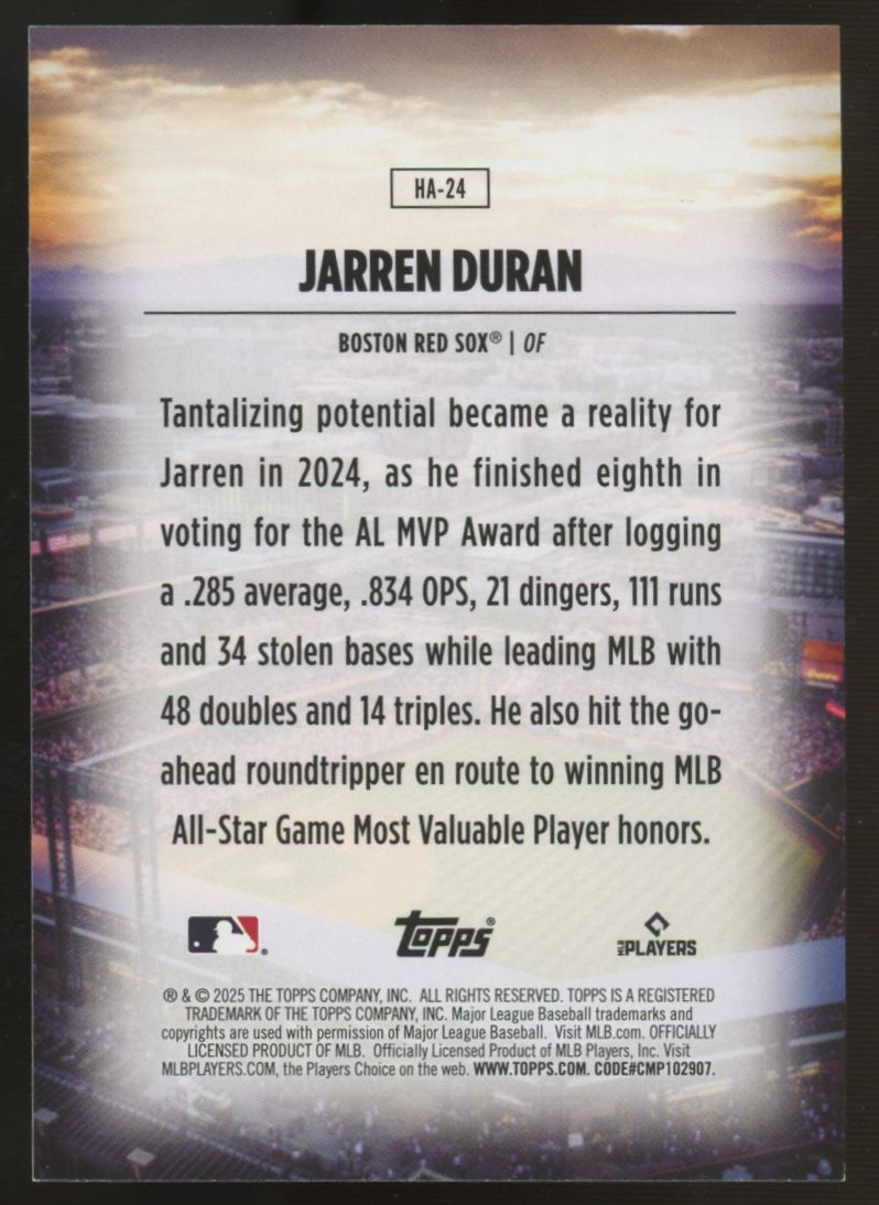 2025 Topps Series One Jarren Duran Home Field Advantage #HA-24