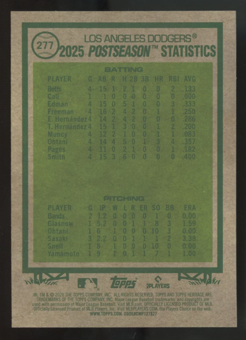 2026 Topps Heritage Los Angeles Dodgers Pink Sparkle NL Championship #277