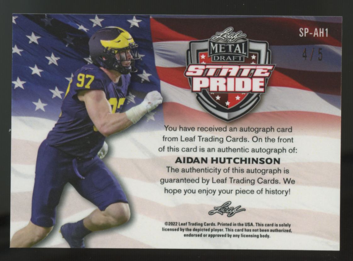 2022 Leaf Metal Draft Aidan Hutchinson State Pride Zebra Auto /5 #SP-AH1
