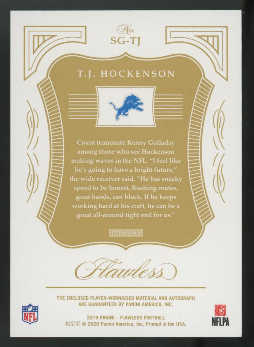 2019 Panini Flawless T.J. Hockenson RC Silver Glove Patch Auto RPA /20 #SG-TJ