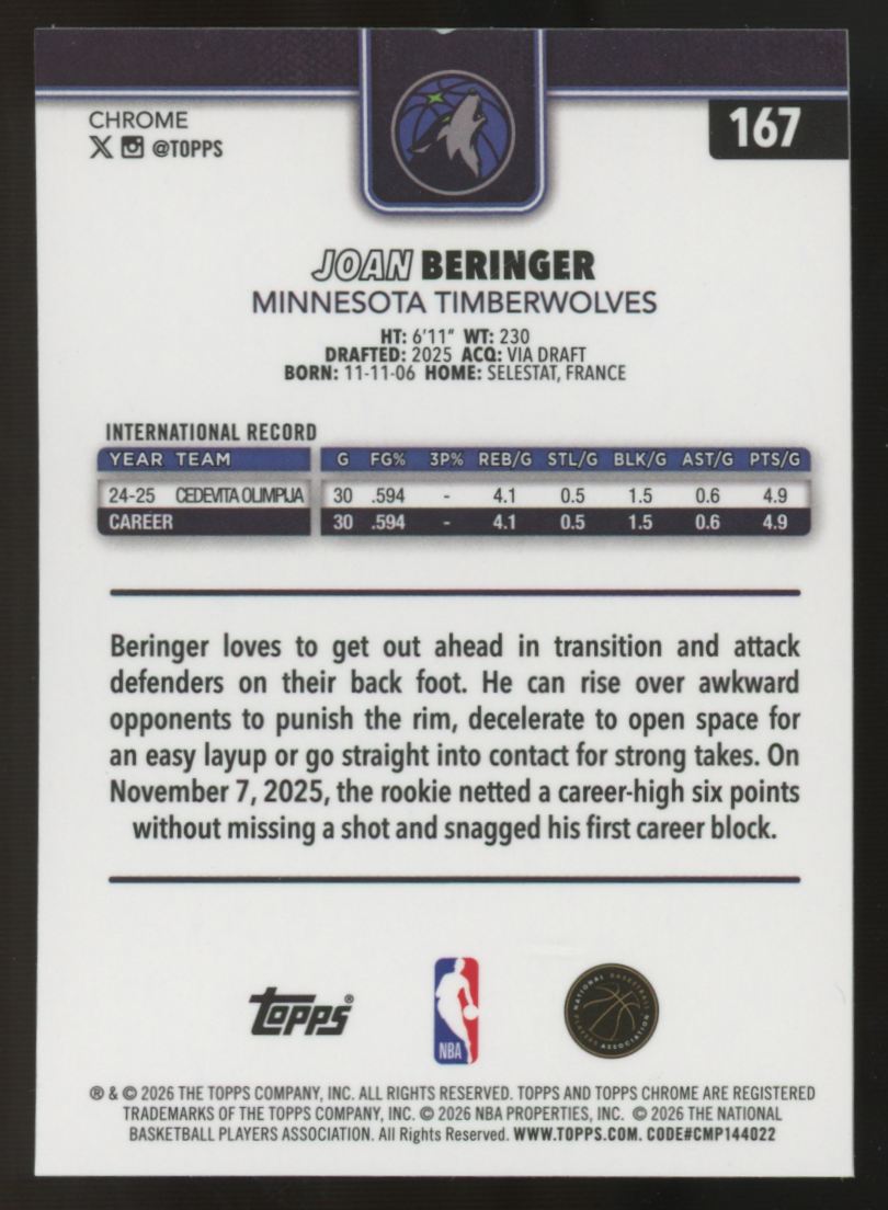 2025-26 Topps Chrome Update Sapphire Joan Beringer RC #167