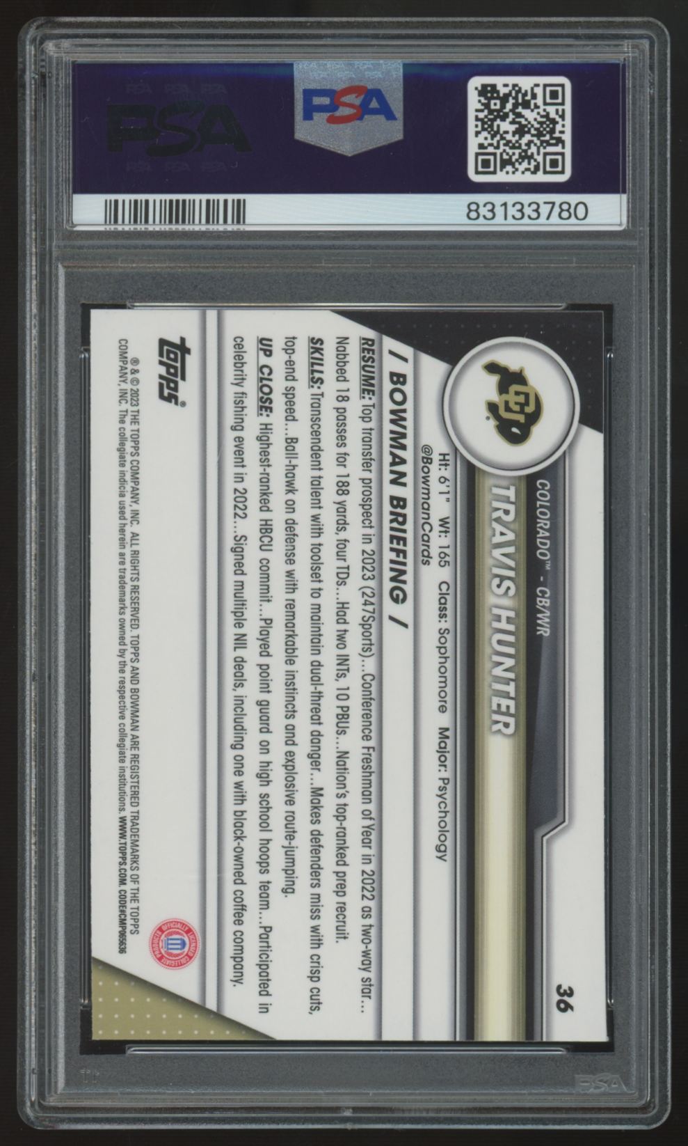 2023 Bowman Chrome University Travis Hunter 1st #36 PSA 10 *780
