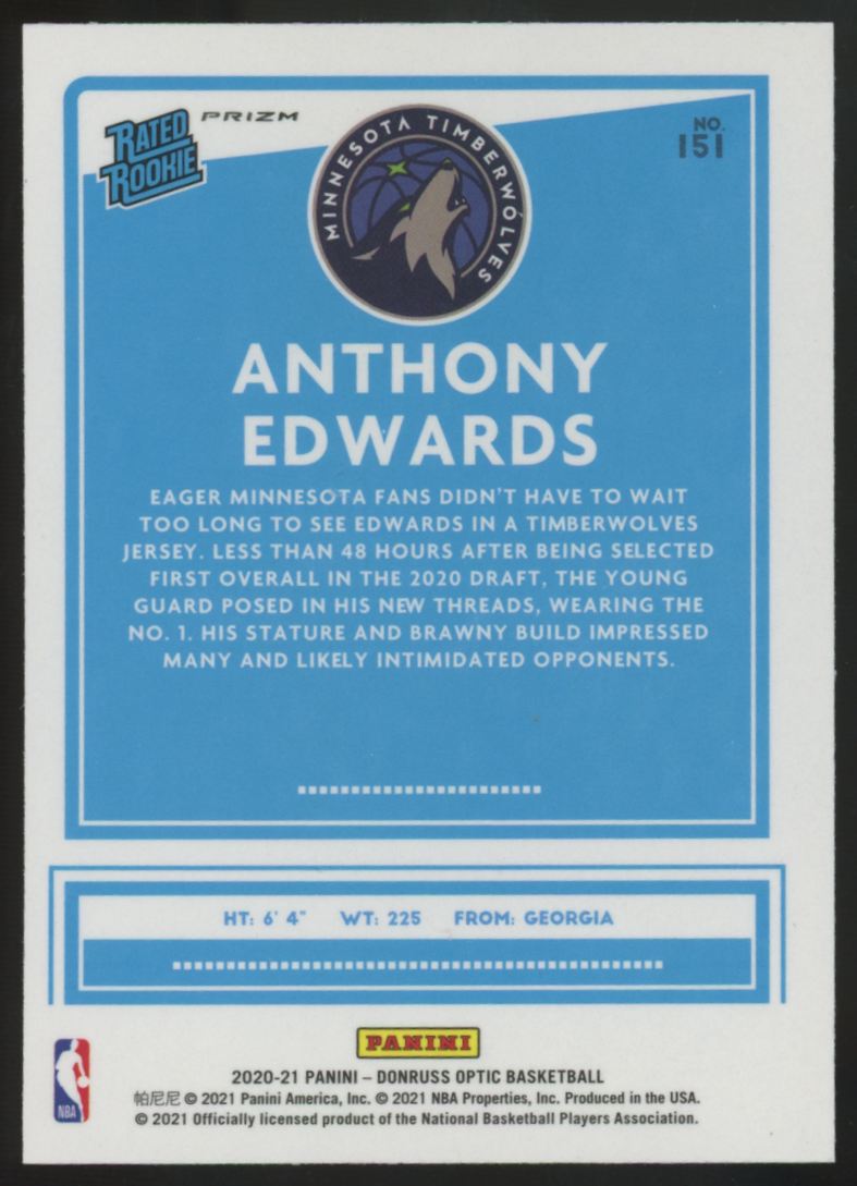 2020-21 Donruss Optic Anthony Edwards RC Rated Rookie Pink Hyper #151 "A"