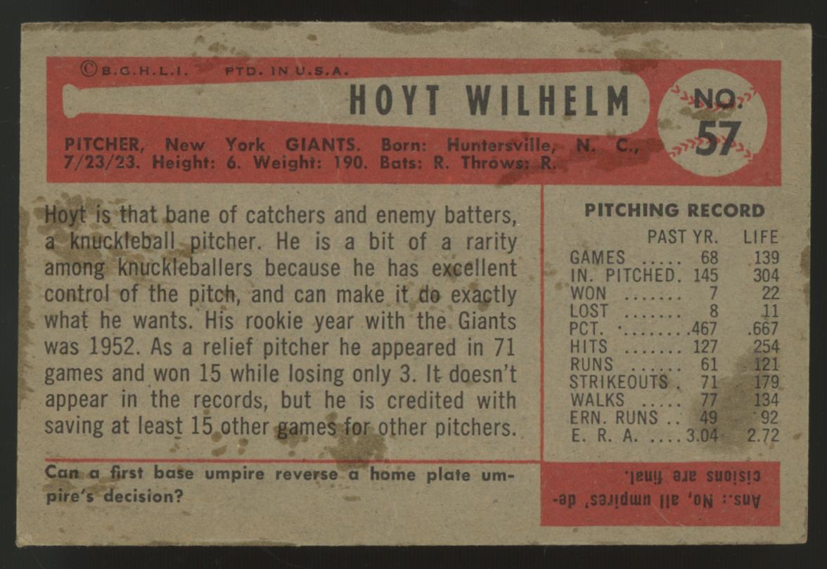 1954 Bowman Hoyt Wilhelm #57 Poor
