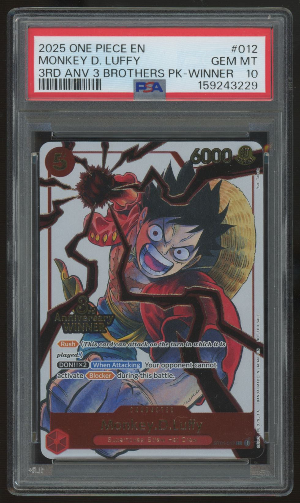 2025 One Piece Monkey D Luffy 3rd Anniversary Winner Promo #ST01-002 PSA 10