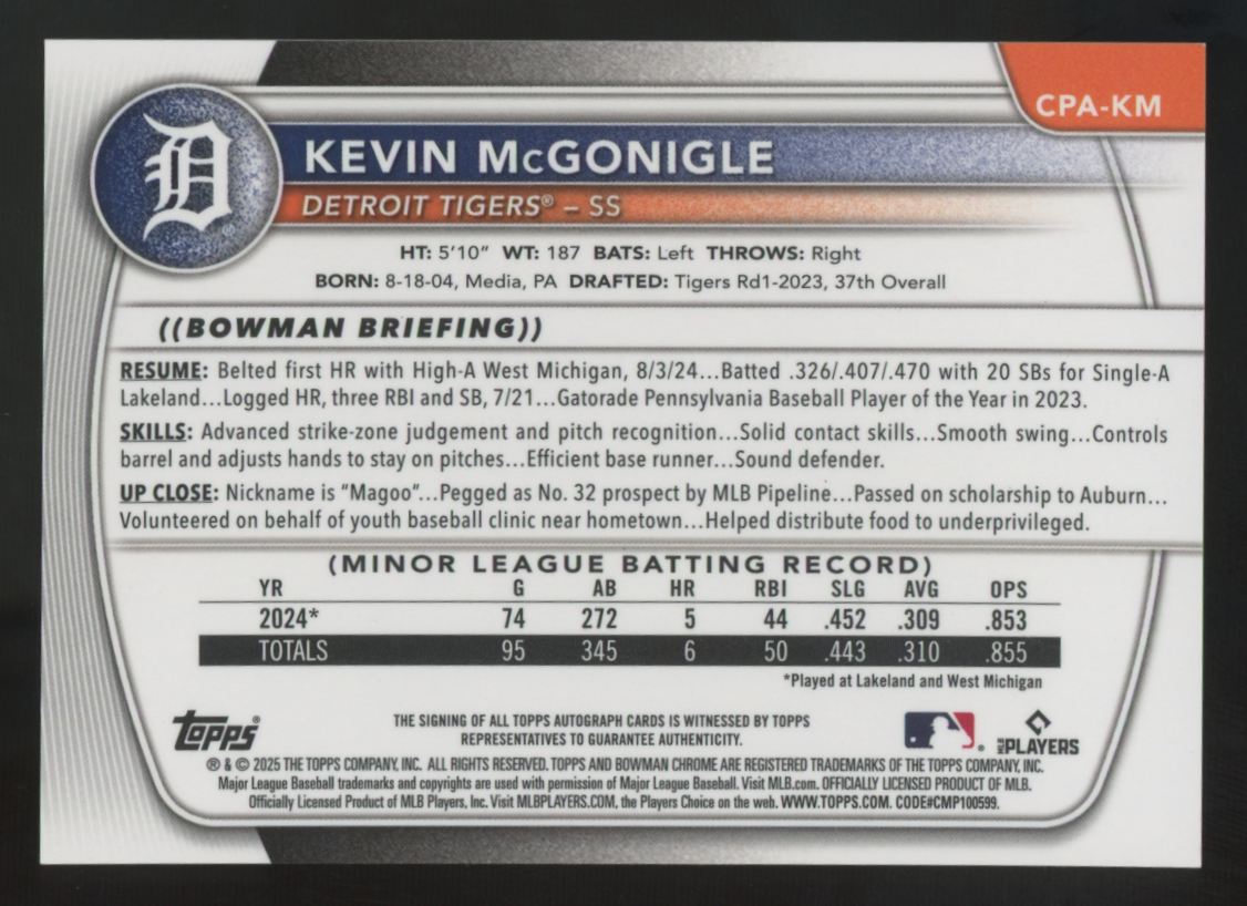 2025 Bowman Kevin McGonigle 1st Chrome Prospect Auto #CPA-KM