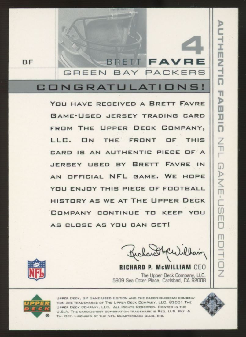 2001 SP Game Used Brett Favre Authentic Fabric Jersey #BF