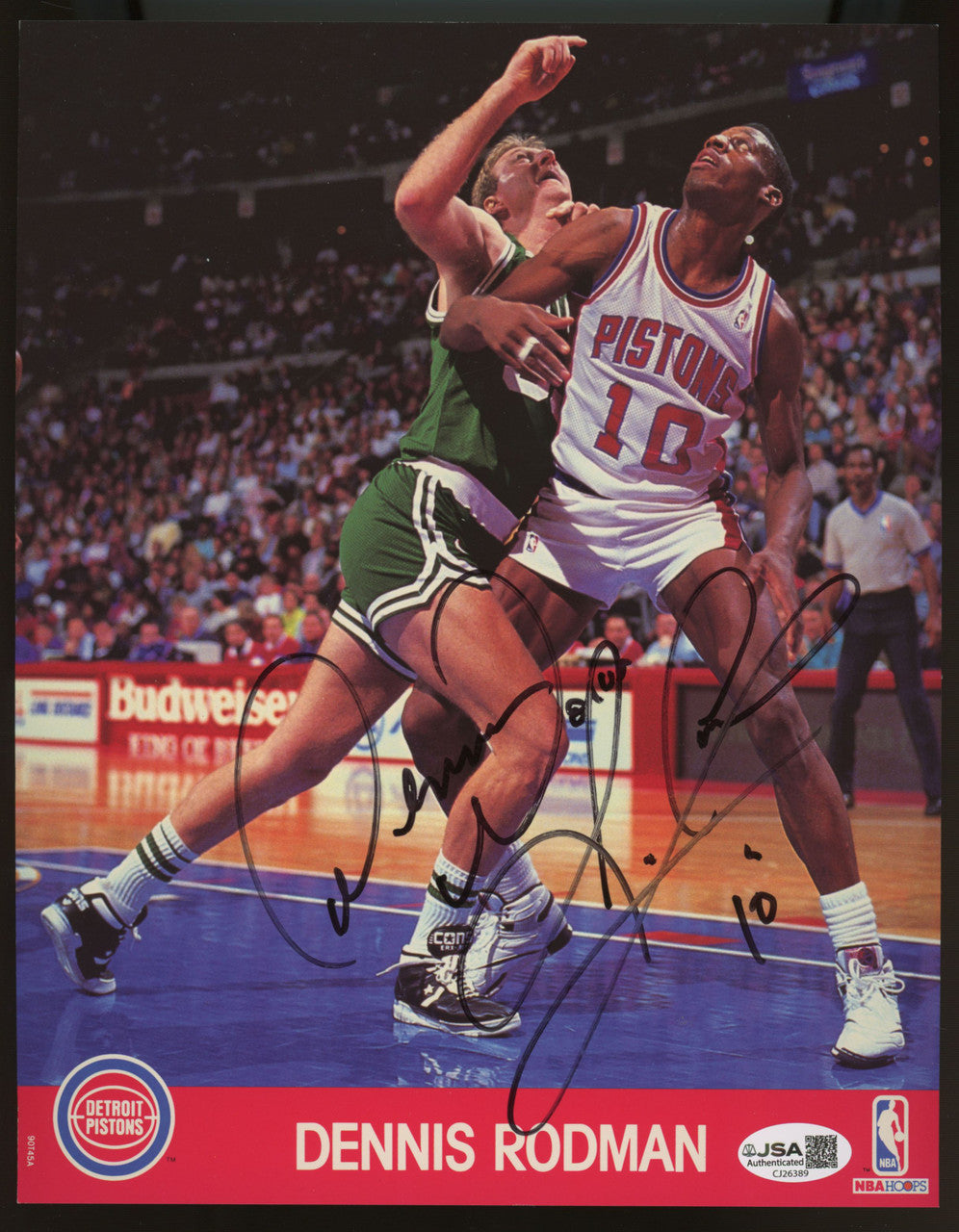 Dennis Rodman Signed Autographed 1990 NBA Hoops 8x10 Photo w/ Larry Bird JSA