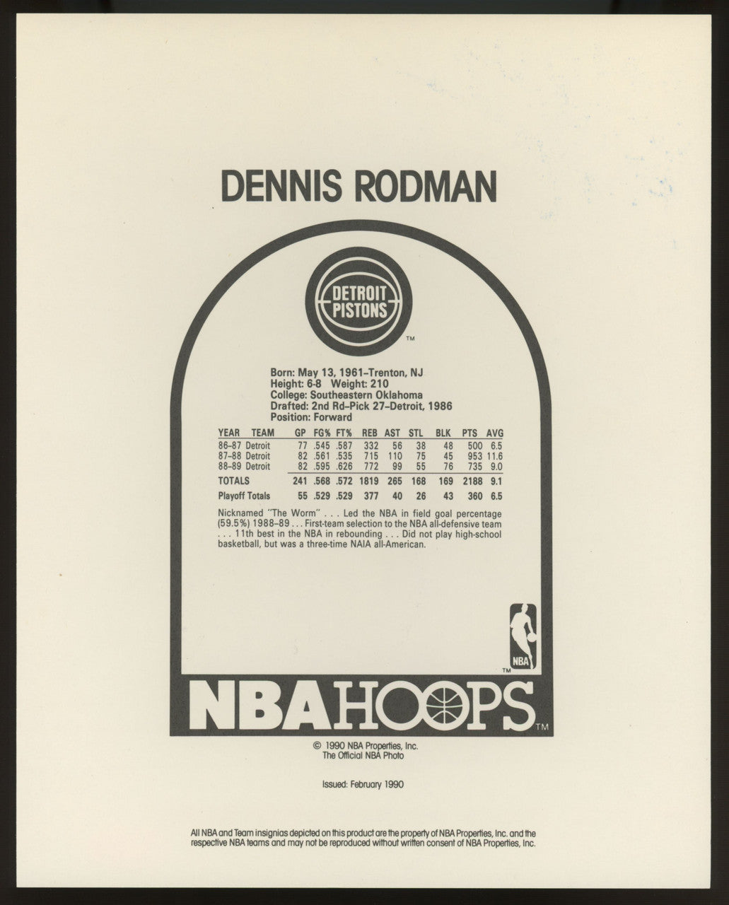 Dennis Rodman Signed Autographed 1990 NBA Hoops 8x10 Photo w/ Larry Bird JSA