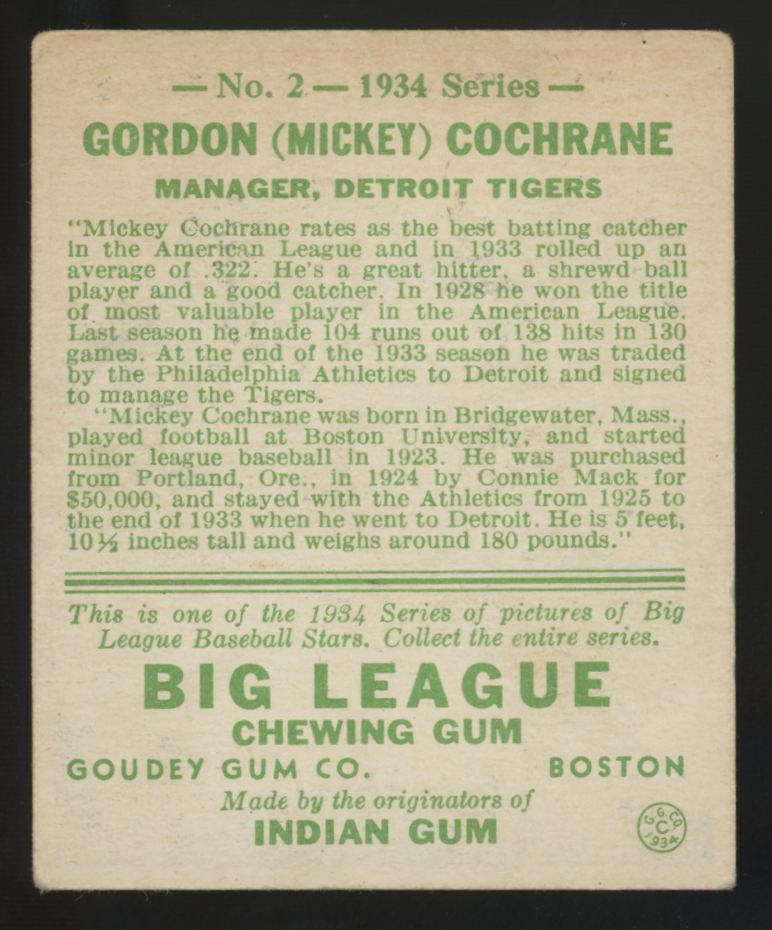 1934 Goudey Gordon (Mickey) Cochrane #2 G/VG (Wrinkles)