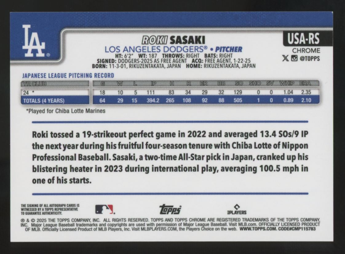 2025 Topps Chrome Sapphire Update Roki Sasaki RC Auto /199 #USA-RS