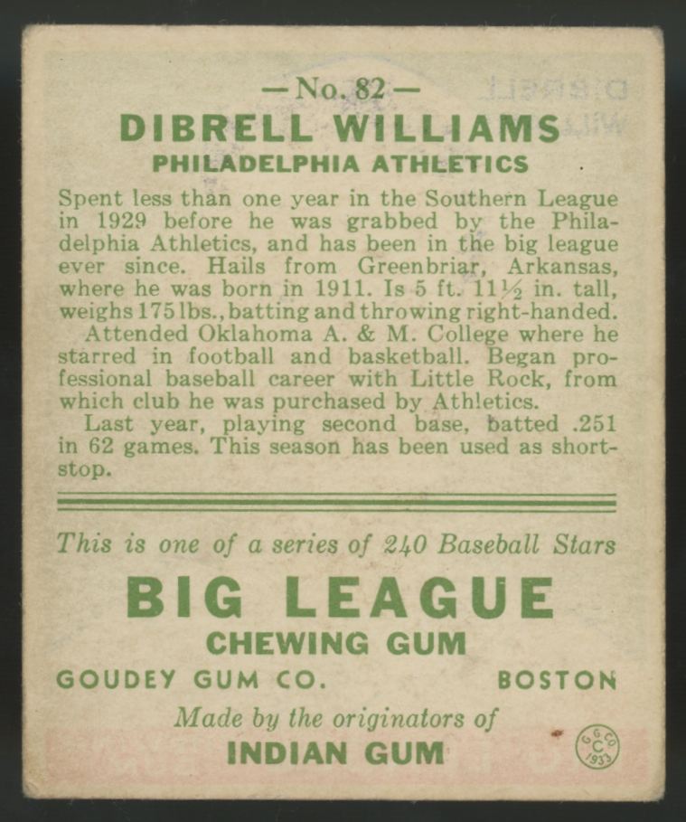1933 Goudey Dibrell Williams #82 VG