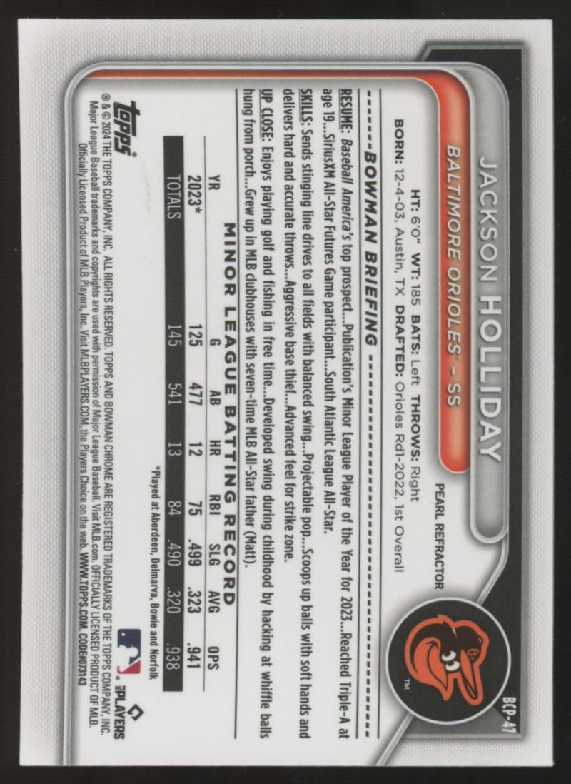 2024 Bowman Chrome Jackson Holliday Pearl Refractor #BCP-47