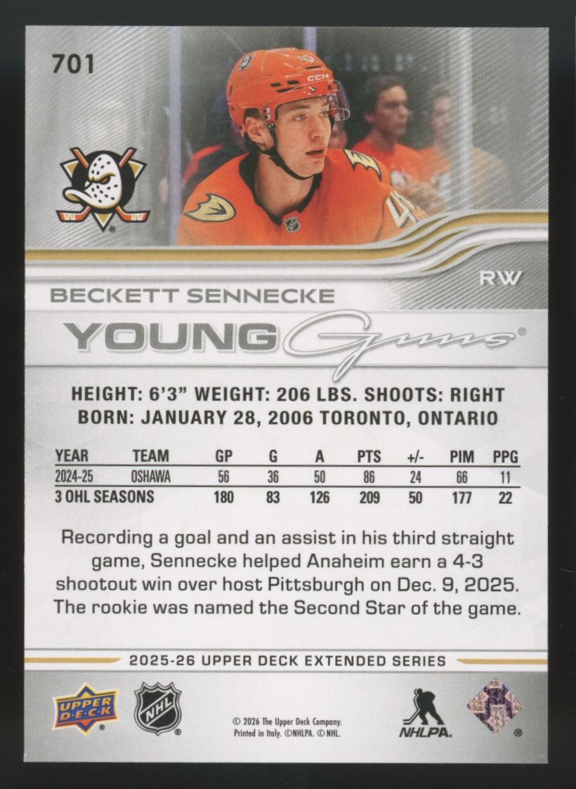2025-26 Upper Deck Extended Beckett Sennecke RC Young Guns #701 "A"