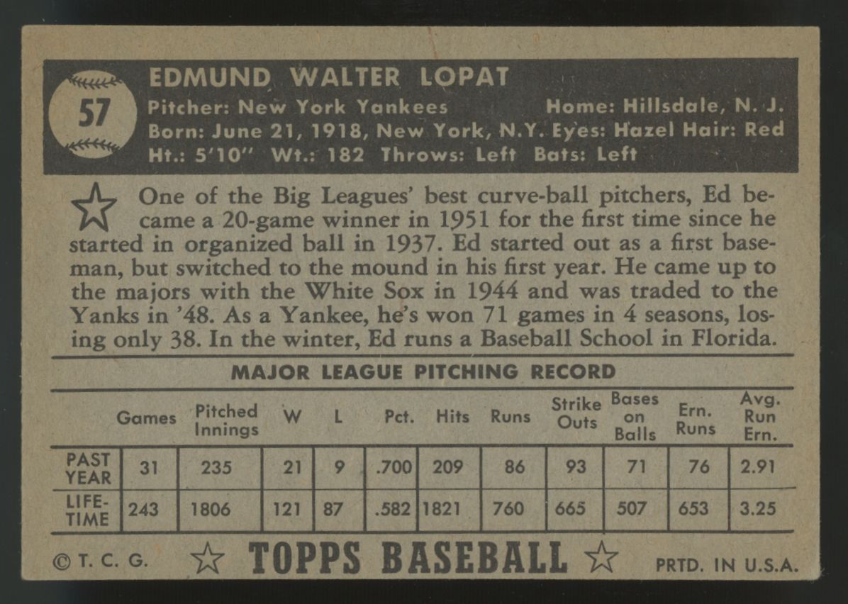 1952 Topps Ed Lopat RC Black Back #57 VG/EX