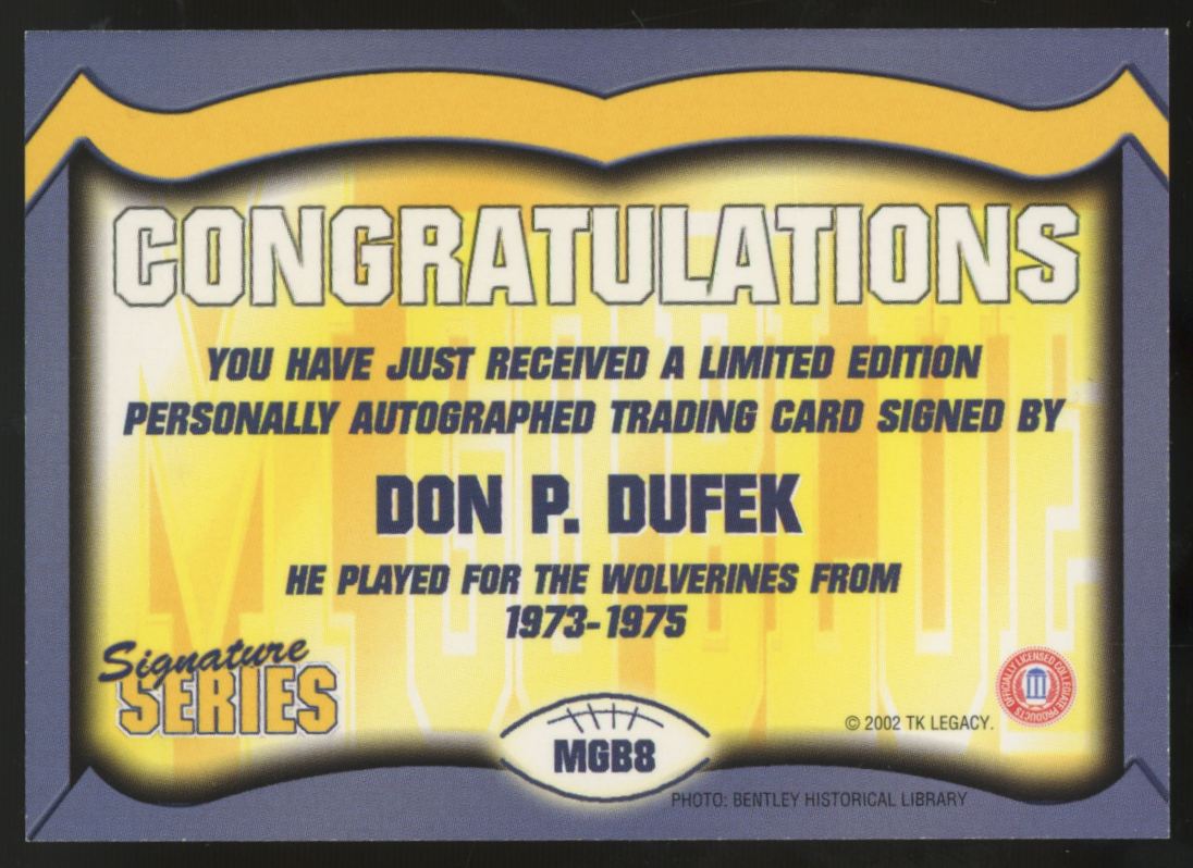 2002 TK Legacy Signature Series Don P. Dufek Auto #MGB8 "A"