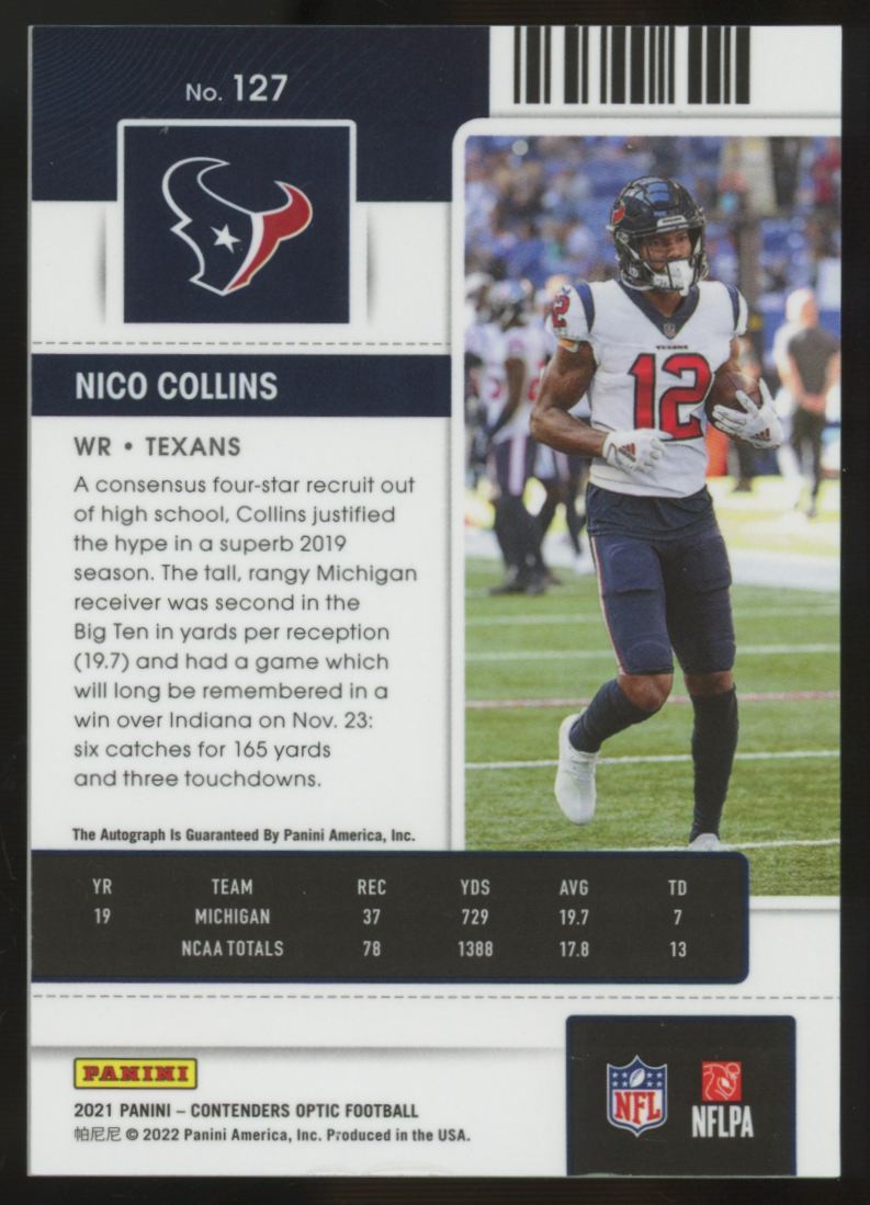 2021 Panini Contenders Optic Nico Collins RC Ticket Auto #127